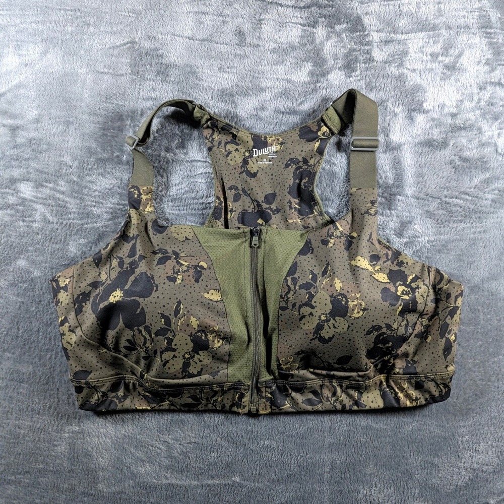 Duluth Women Front Zip High Impact Sports Bra Sz 18 Green Floral Camo Activewear